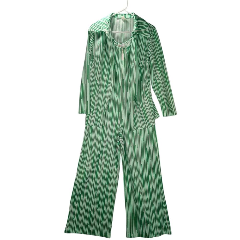 Vtg JCPenney Jumpsuit with Jacket Womens 14 Green White Striped Wide Leg Retro